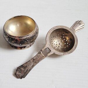 Vntg Loose Tea Bag Strainer Basket Silver Plated Spoon Cup w/ Rest Stand England